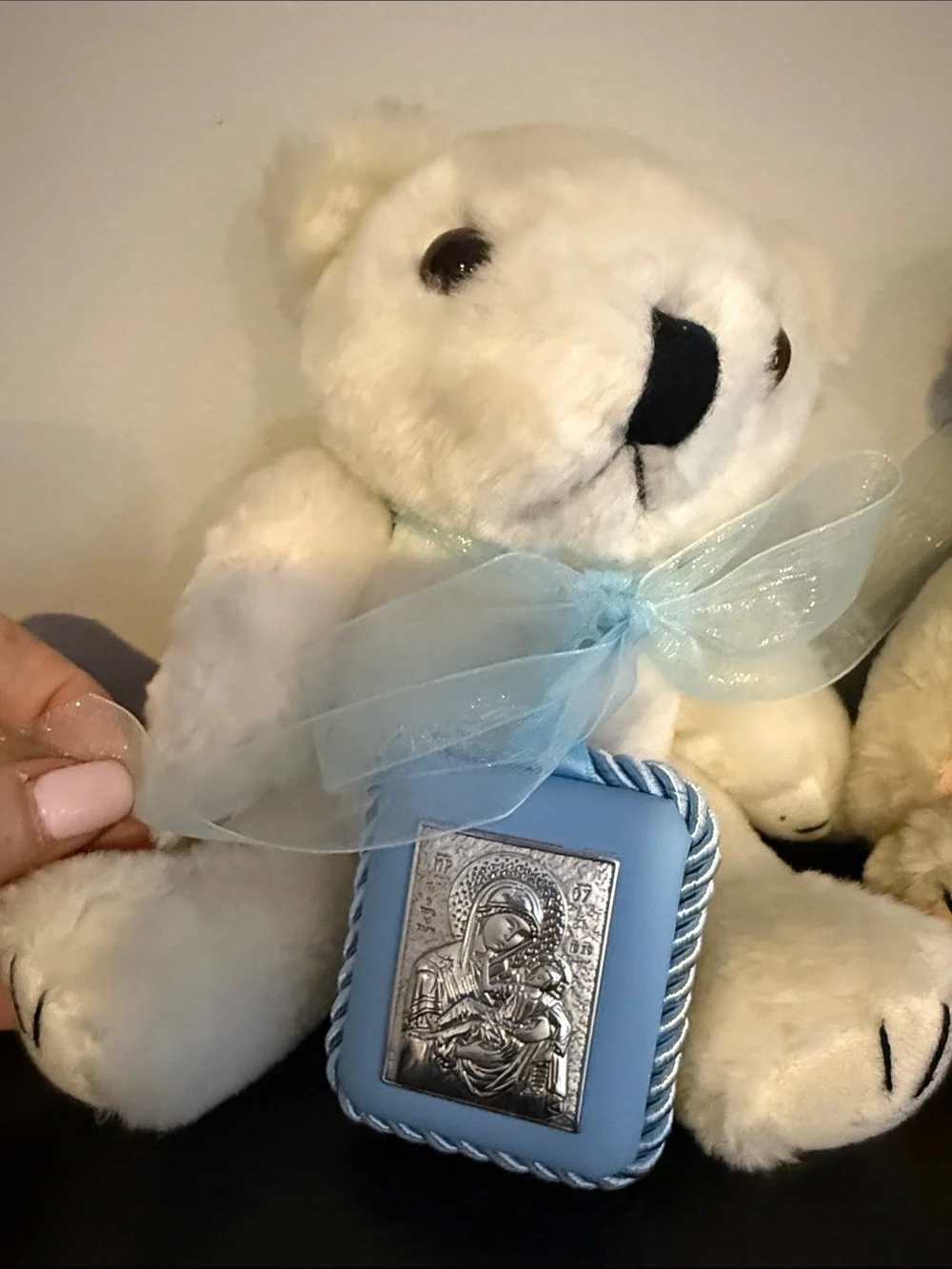Plush Baby Bear Gift Set with Blue Ribbon - Cream and White